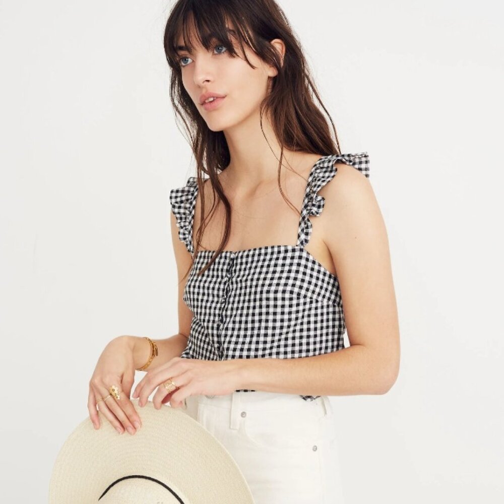 Madewell Ruffle-Strap Cami Top - Size 4 - Black & White Gingham Check